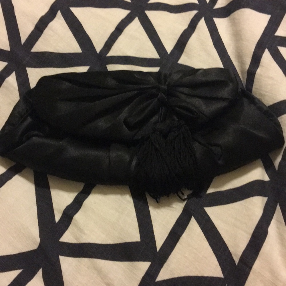 Black Satin Clutch with detachable Metal Strap